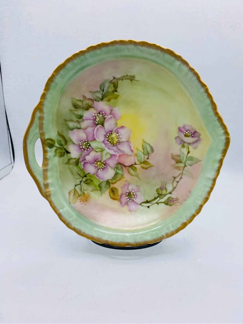 Antique Hand-Painted Floral Serving/ Trinket Dish - Mint Green And Gold Edge